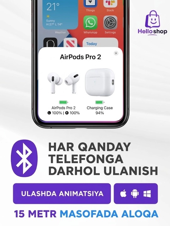 Simsiz quloqchinlar Pro 2 Premium, iPhone va Android uchun sensorli naushnik. Hello shop