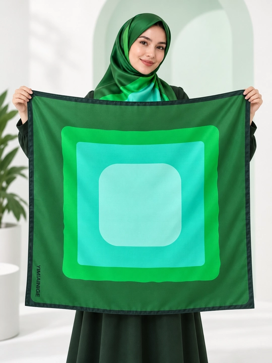 Ayollar uchun atlas ro‘mol 90×90 sm, bosh va bo‘yin uchun, geometrik print