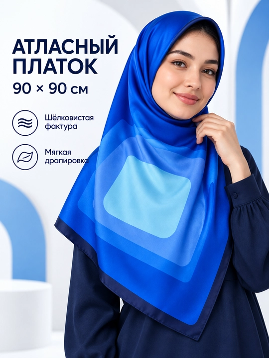 Ayollar uchun atlas ro‘mol 90×90 sm, bosh va bo‘yin uchun, geometrik print - 