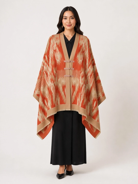 Ayollar uchun bordo rang geometrik naqshli erkin bichimli poncho-nakidka
