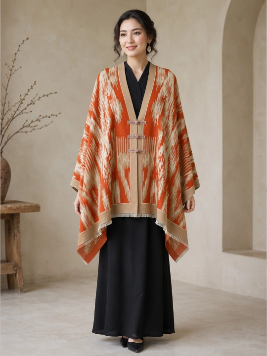Ayollar uchun bordo rang geometrik naqshli erkin bichimli poncho-nakidka