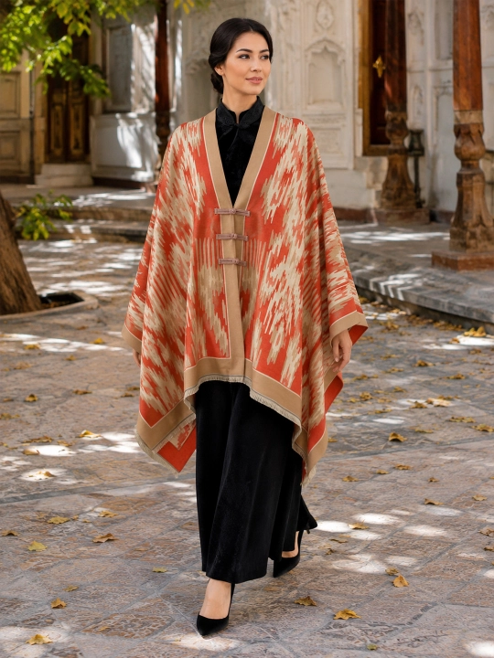 Ayollar uchun bordo rang geometrik naqshli erkin bichimli poncho-nakidka