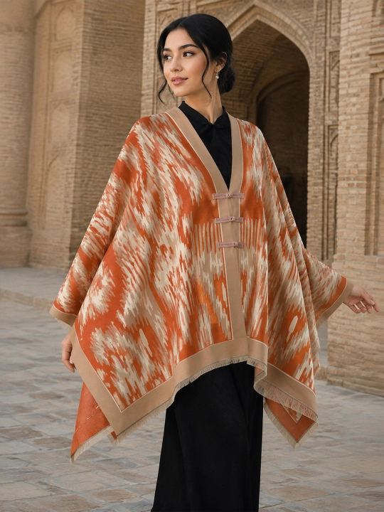 Ayollar uchun bordo rang geometrik naqshli erkin bichimli poncho-nakidka