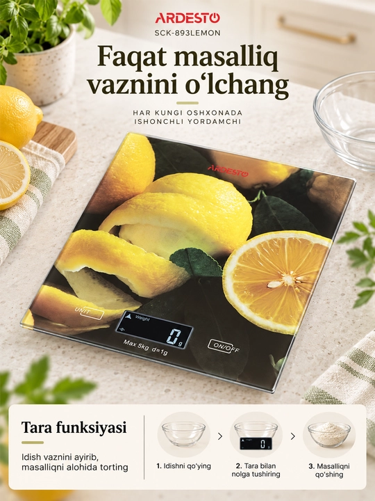 Oshxona tarozisi Ardesto SCK-893LEMON, 5kg/1g, LCD, tara, toblangan shisha - 