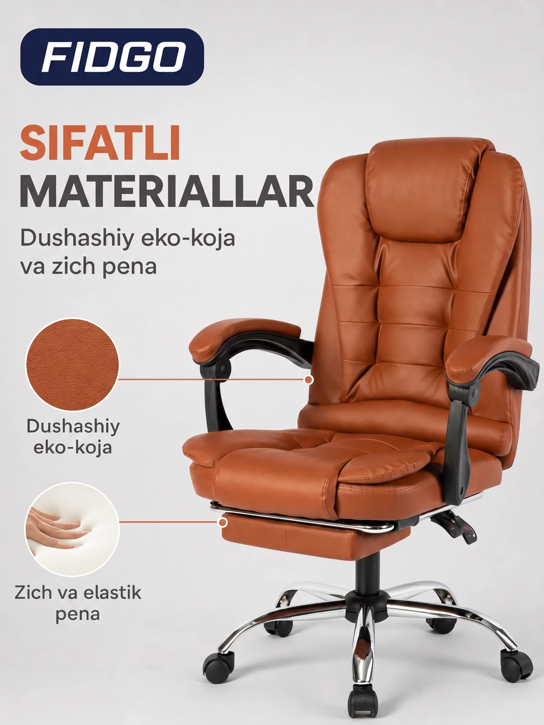 Uy va ofis uchun mo‘ljallangan ergonomik, tirsak tayanchi va sozlanadigan kreslosi FIDGO