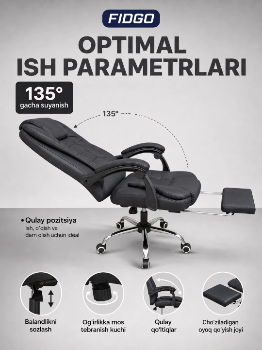 Uy va ofis uchun mo‘ljallangan ergonomik, tirsak tayanchi va sozlanadigan kreslosi FIDGO