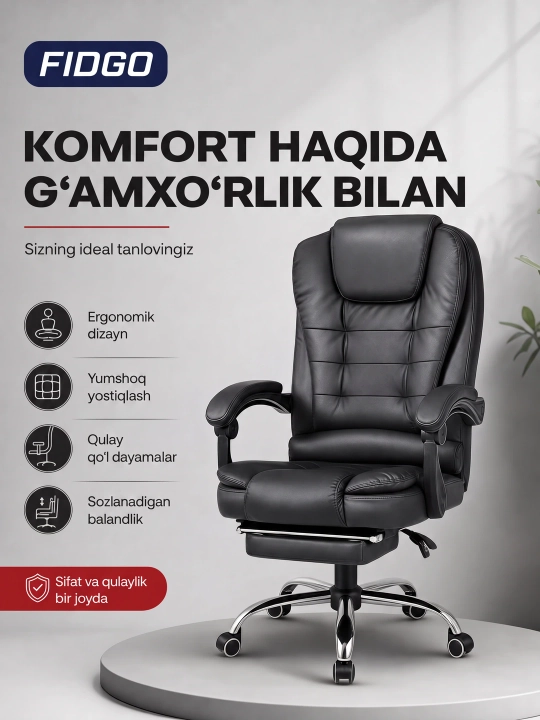 Uy va ofis uchun mo‘ljallangan ergonomik, tirsak tayanchi va sozlanadigan kreslosi FIDGO