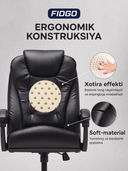 Uy va ofis uchun mo‘ljallangan ergonomik, tirsak tayanchi va sozlanadigan kreslosi FIDGO