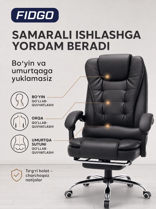 Uy va ofis uchun mo‘ljallangan ergonomik, tirsak tayanchi va sozlanadigan kreslosi FIDGO