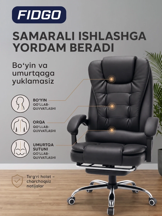 Uy va ofis uchun mo‘ljallangan ergonomik, tirsak tayanchi va sozlanadigan kreslosi FIDGO