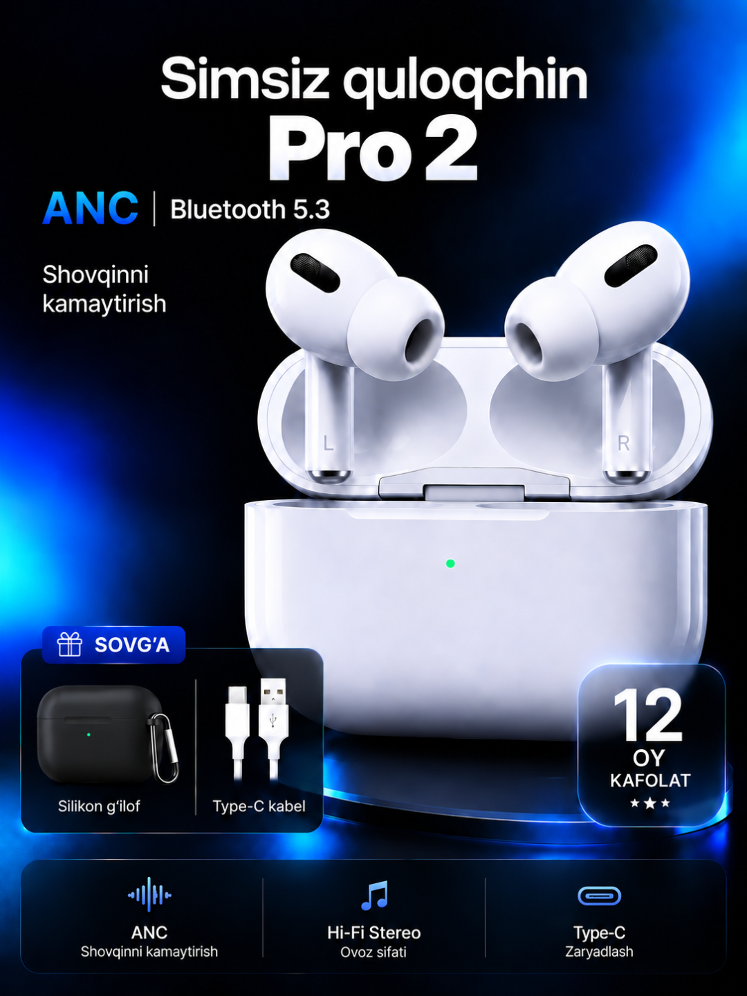 Pods Pro 2 ANC, наушники беспроводные, беспроводные наушники, Bluetooth наушники - 