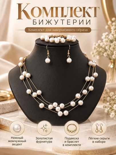 Pearl Style 118 sun'iy marjon taqinchoqlar to'plami: marjon, sirg'a va bilaguzuk