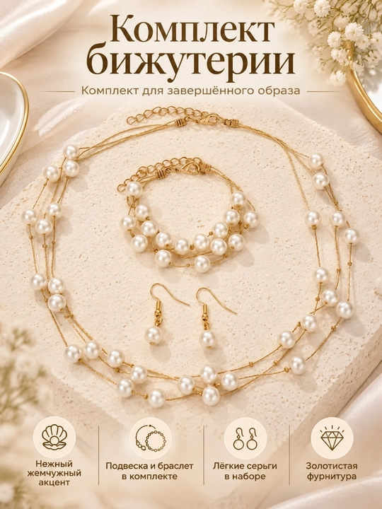 Pearl Style 118 sun'iy marjon taqinchoqlar to'plami: marjon, sirg'a va bilaguzuk