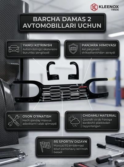 Damas 2 uchun qora RS sport tuning to'plami: panjara va fara qopqoqlari