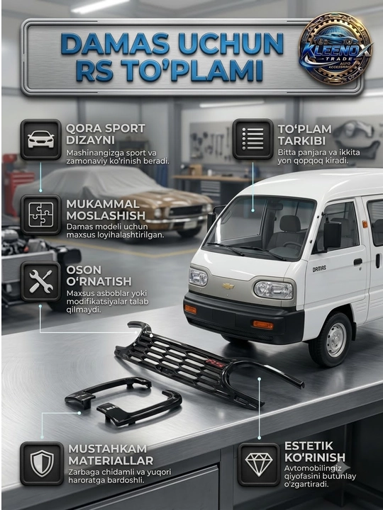 Damas 2 uchun qora RS sport tuning to'plami: panjara va fara qopqoqlari