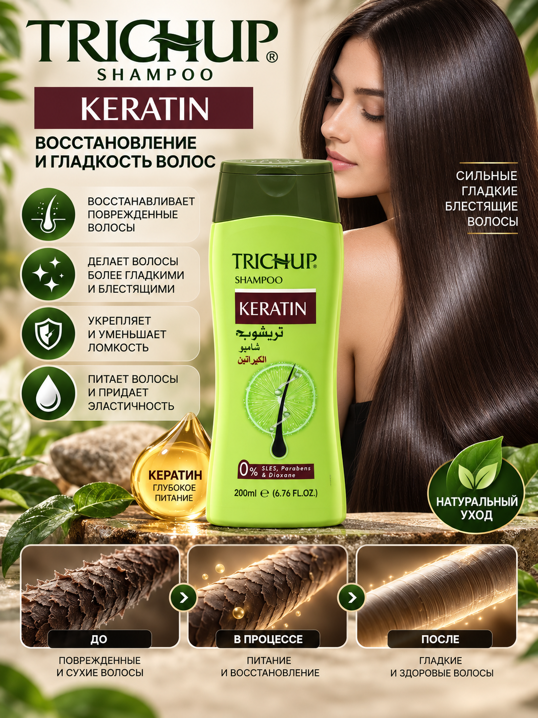 Trichup Keratin 200 ml sochni tiklash va silliqlik uchun shampun