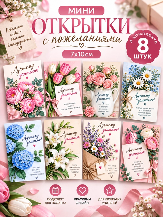 Открытки, набор мини-открыток с тёплыми фразами, 7×10 см. Открытки с днем учителя - 