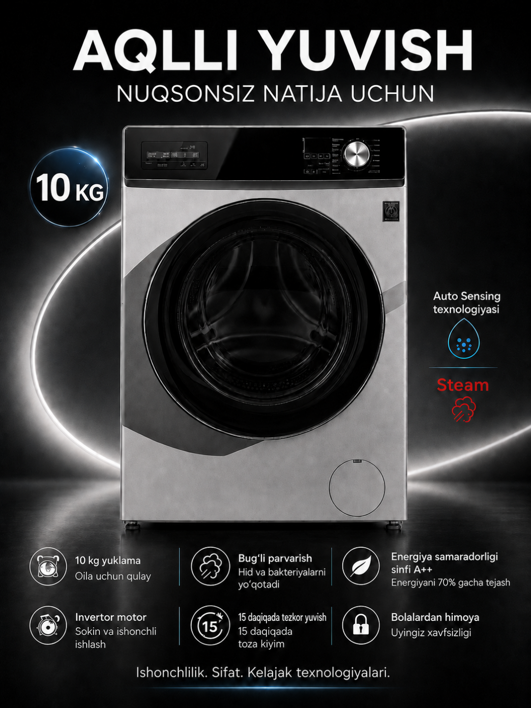 Avtomat kir yuvish mashinasi 10 kg, inverter motor, bug‘li yuvish, Auto Sensing, A++
