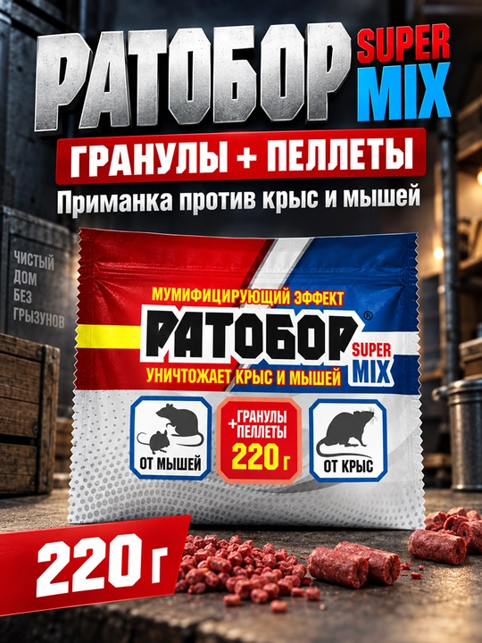 Ратобор Super Mix 220 г, гранулы и пеллеты, приманка против крыс и мышей - 