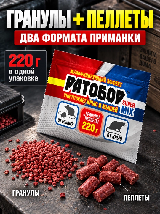 Ратобор Super Mix 220 г, гранулы и пеллеты, приманка против крыс и мышей