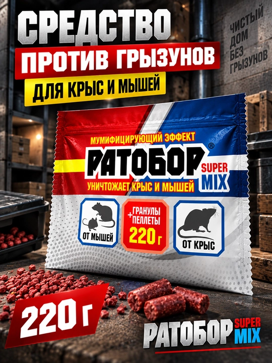 Ратобор Super Mix 220 г, гранулы и пеллеты, приманка против крыс и мышей