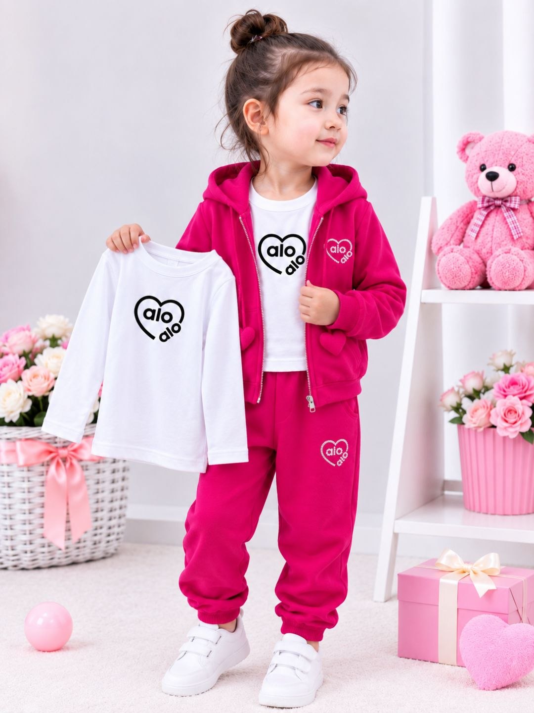Qizlar uchun kapyushonli 3 qismli sport kostyumi, shim va yengi uzun sviter, hudi, troyka