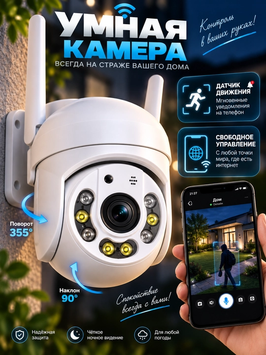 Smart Wi-Fi kamera, PTZ videokuzatuv kamerasi, Full HD tashqi kamera