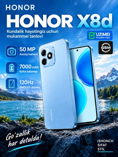 Zarbaga chidamli smartfon HONOR X8d, NFC, 8/128/256 GB, namlikdan himoya X8D,Honor - 