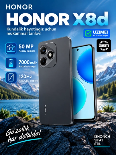 Zarbaga chidamli smartfon HONOR X8d, NFC, 8/128/256 GB, namlikdan himoya X8D,Honor - 