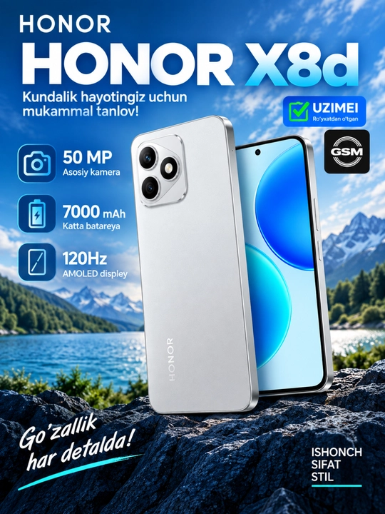 Zarbaga chidamli smartfon HONOR X8d, NFC, 8/128/256 GB, namlikdan himoya X8D,Honor - 