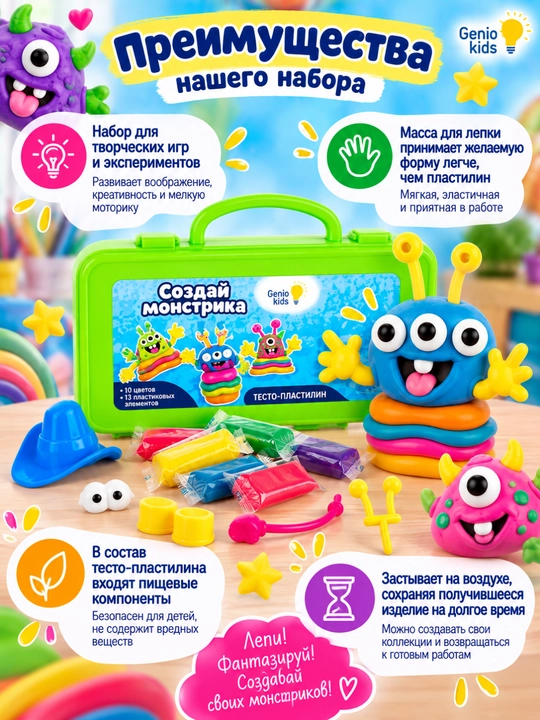 Набор для детской лепки GENIO KIDS-ART, Создай монстрика