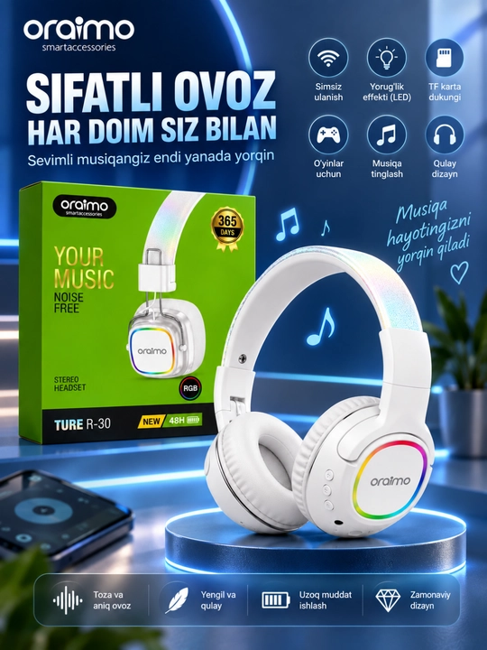 Oraimo ture r-30 беспроводные bluetooth наушники, rgb, микрофон, стерео, 48 ч - 