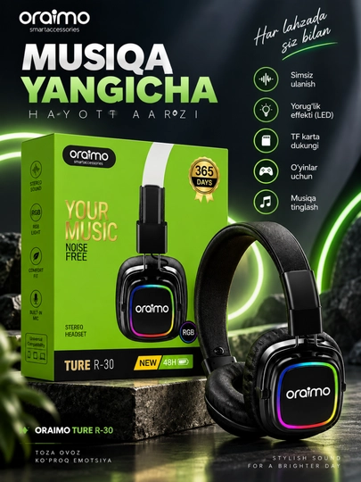 Oraimo ture r-30 беспроводные bluetooth наушники, rgb, микрофон, стерео, 48 ч - 