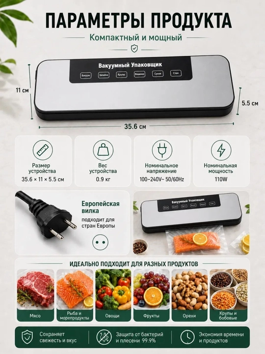 Вакуумные упаковщик, вакууматор для продуктов с пакетами
