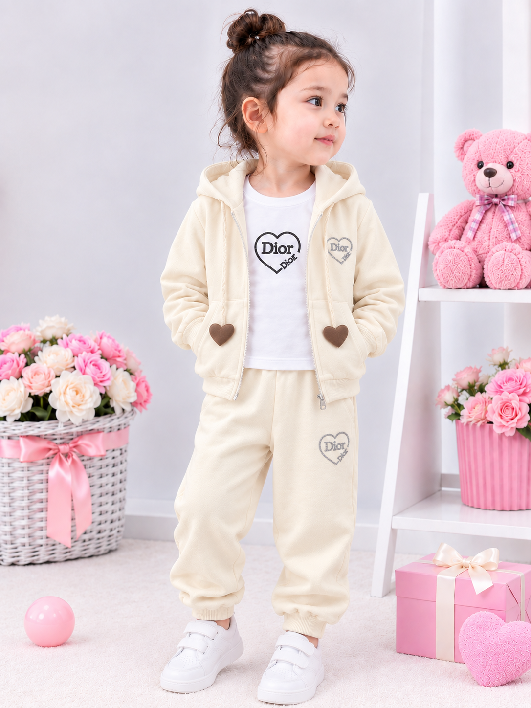 Qizlar uchun kapyushonli 3 qismli sport kostyumi, shim va yengi uzun sviter, hudi, troyka