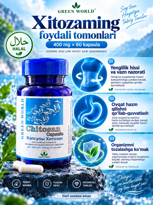 Chitosan Capsule, хитозан в капсулах, БАД для контроля веса и пищеварения, 400 мг, 60 шт