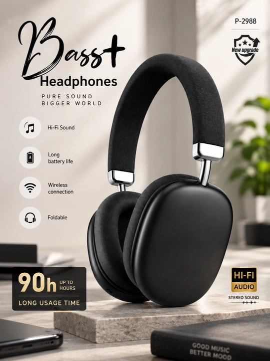 Bass+ p-2988 беспроводные bluetooth наушники hi-fi stereo, до 90 часов работы - 