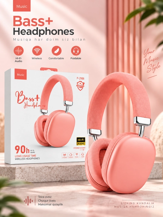 Bass+ p-2988 беспроводные bluetooth наушники hi-fi stereo, до 90 часов работы - 
