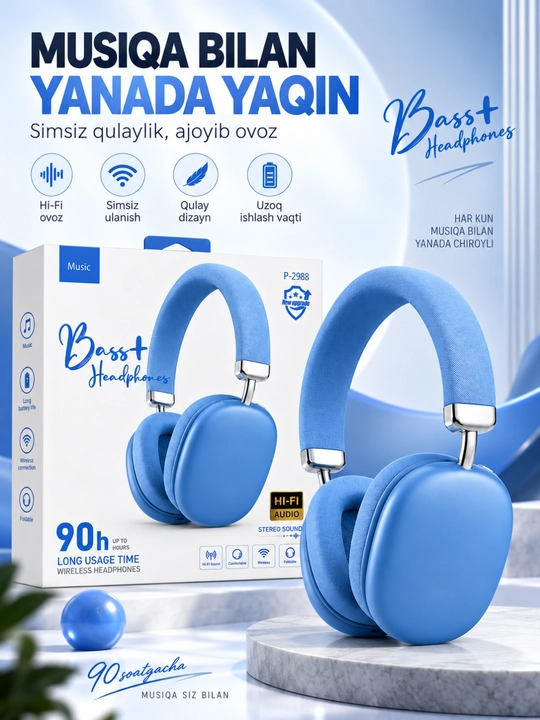 Bass+ p-2988 беспроводные bluetooth наушники hi-fi stereo, до 90 часов работы - 
