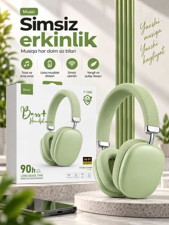 Bass+ p-2988 беспроводные bluetooth наушники hi-fi stereo, до 90 часов работы - 