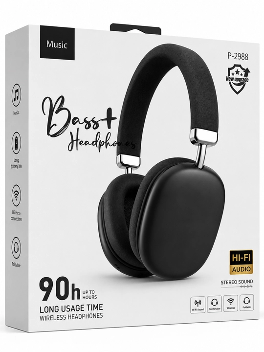 Bass+ p-2988 simsiz bluetooth quloqchin, hi-fi stereo, 90 soat batareya, buklanadigan