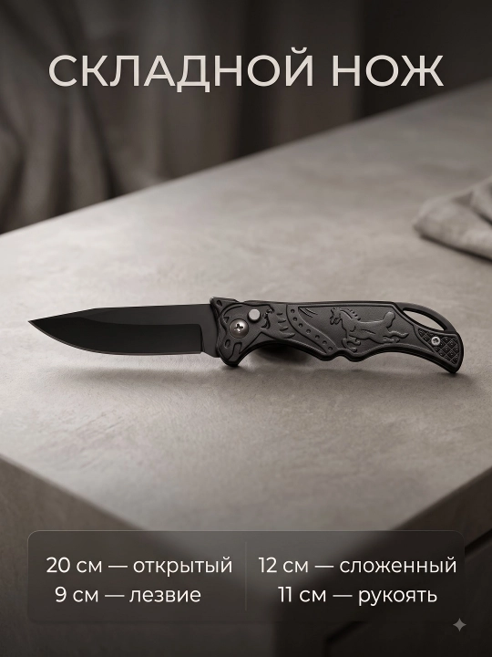 Складной нож с чёрной рукоятью, компактный формат, клипса