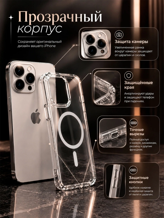 Чехол прозрачный для iPhone 14 Pro, 14 Pro Max, 15 Pro Max, 16 Pro, 16 Pro Max