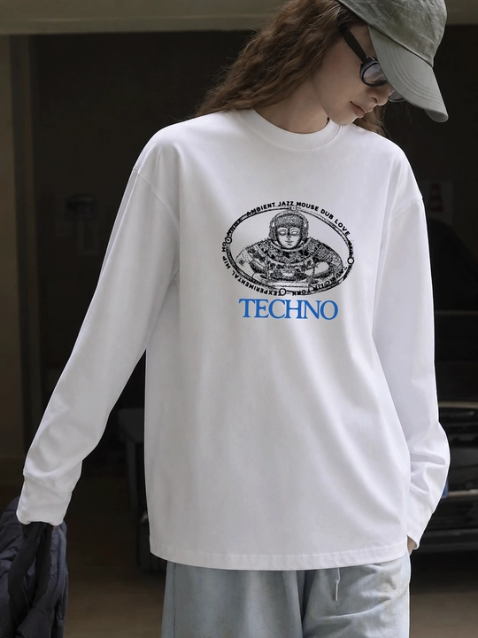 Белый лонгслив MICONIC, оверсайз, с футуристическим принтом Techno