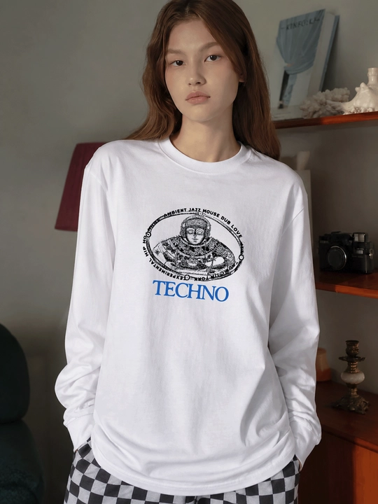 Белый лонгслив MICONIC, оверсайз, с футуристическим принтом Techno