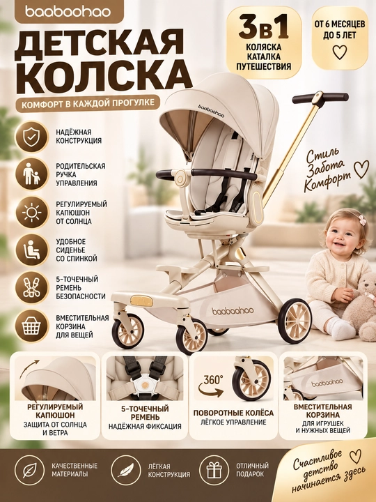 Детская коляска-трансформер Baobaohao 3 в 1, прогулочная коляска с капюшоном - 