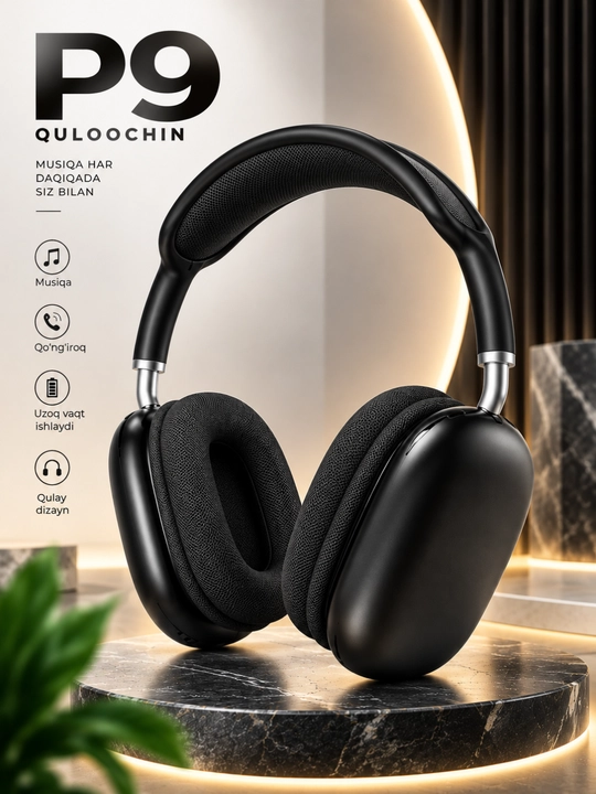 P9 Simsiz Quloqchin, Qora, Stereo Ovoz, Musiqa va Qo‘ng‘iroqlar uchun