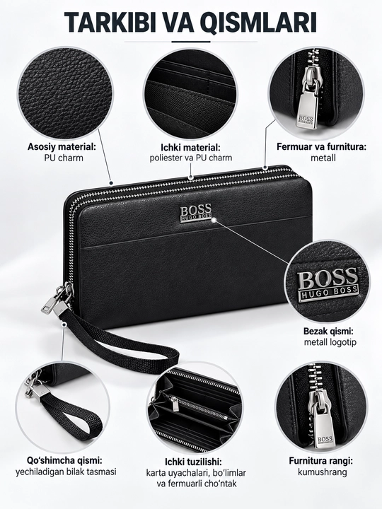 Мужская барсетка с надписью BOSS, кошелёк на молнии с ремешком