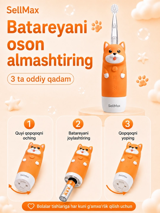 Bolalar uchun elektr tish cho‘tkasi, tovushli, 1–5 yosh, 4 rejim, 2 nasadka