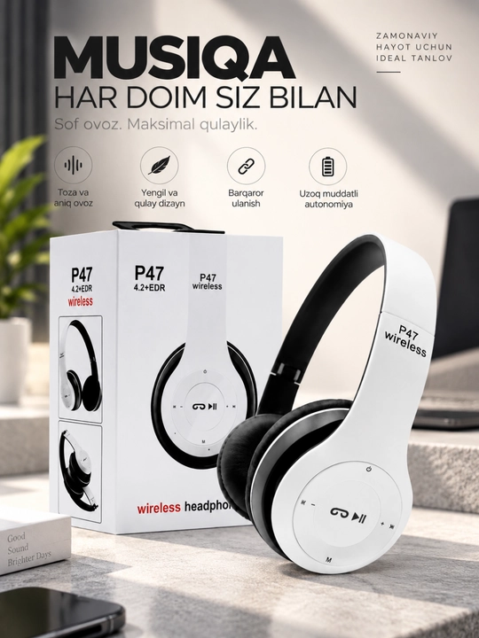 Stereo ovoz, TF karta, AUX va mikrofonli P47 Bluetooth simsiz quloqchinlari - 